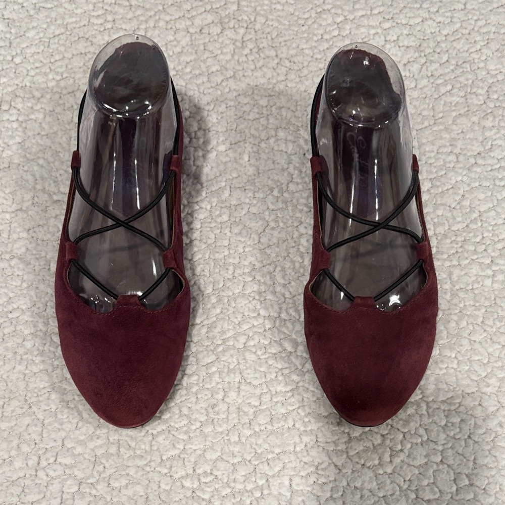 Earthies Burgundy suede Flats with Black elastic Straps 7.5